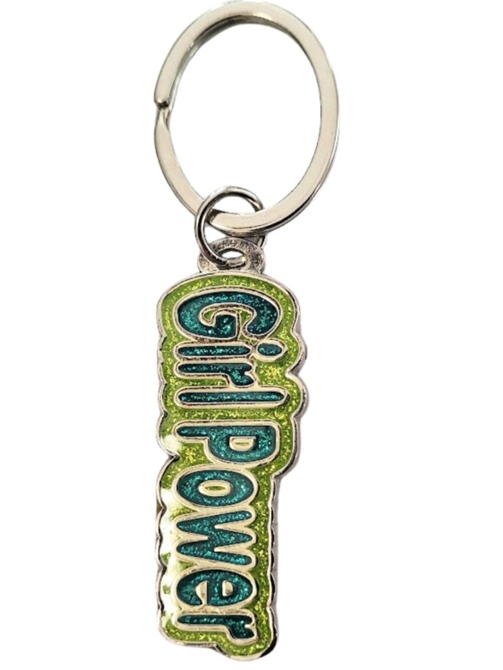 SWIBCO Teal & Green Glitter Galaxy Keychain Silver Metal GIRL POWER